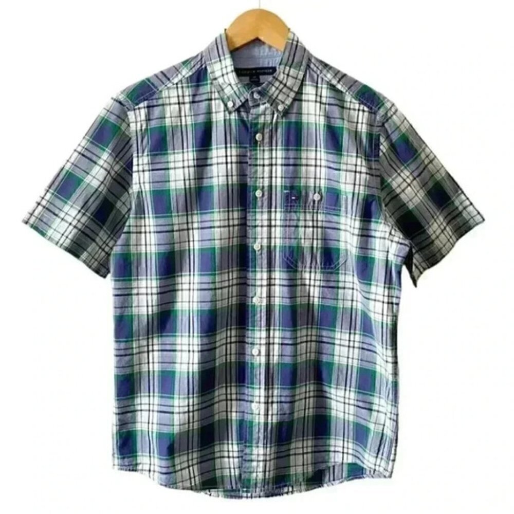 Tommy Hilfiger Mens Short Sleeve Button Down Shirt Cotton Blue Green Plaid Small - Picture 16 of 16